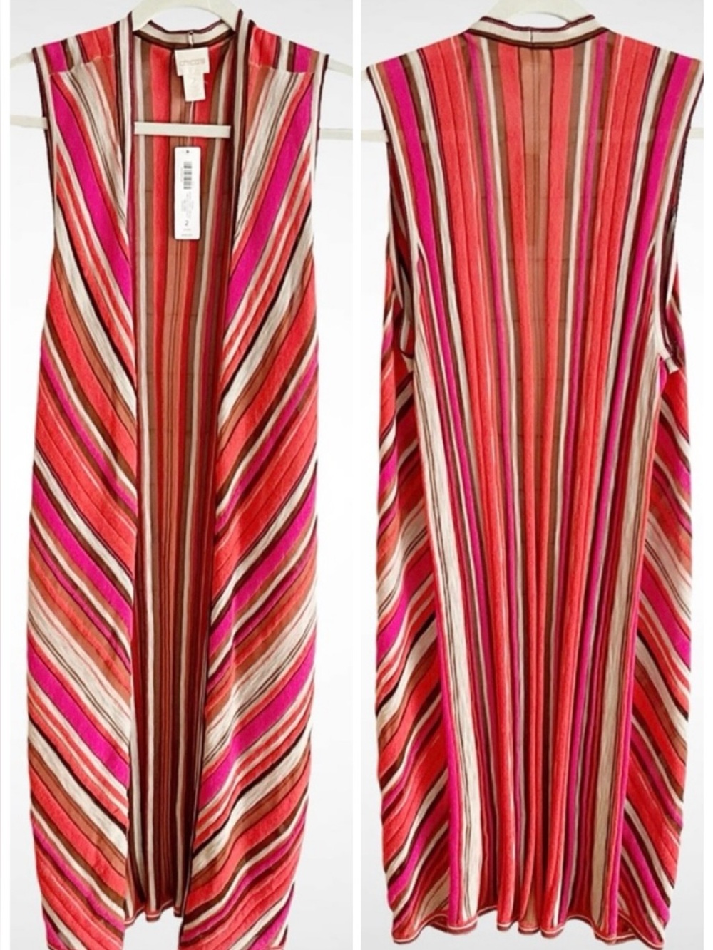 NWT Chico’s Mitered Stripe Pattern Sleeveless Sheer Open Front Vest